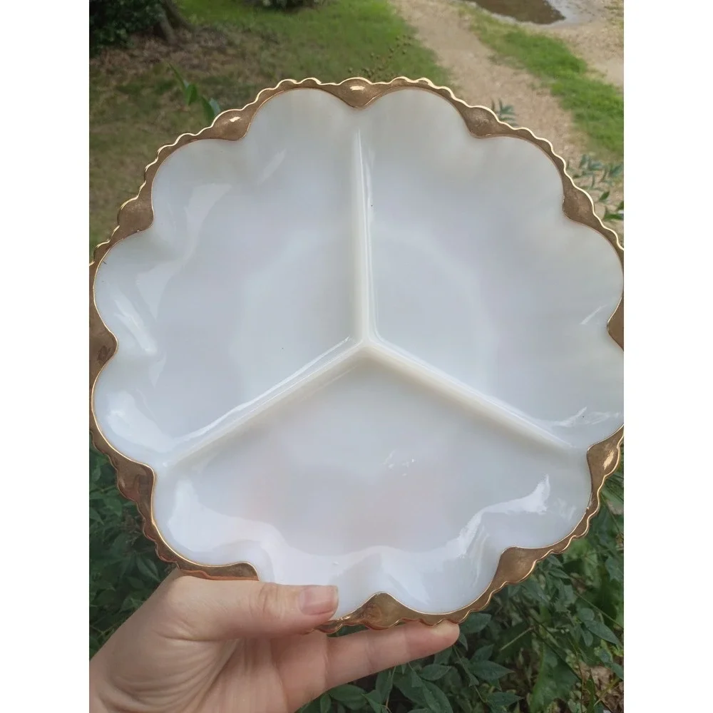 Vintage Anchor Hocking Fire King Gold Trim Milk Glass Divided Relish Tray